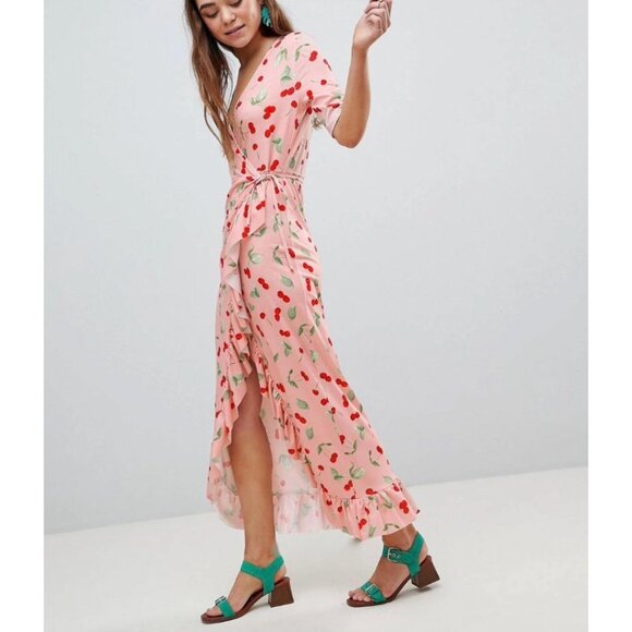 ASOS Dresses & Skirts - NWT ASOS DESIGN Women's Pink Cherry Print Wrap Maxi Dress Sz 4